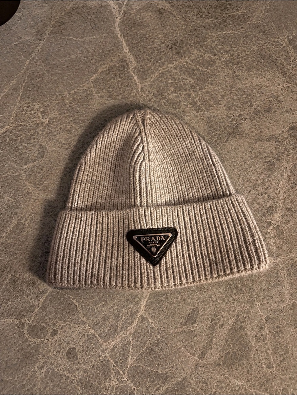 Prada Light Gray Ribbed Wool Beanie